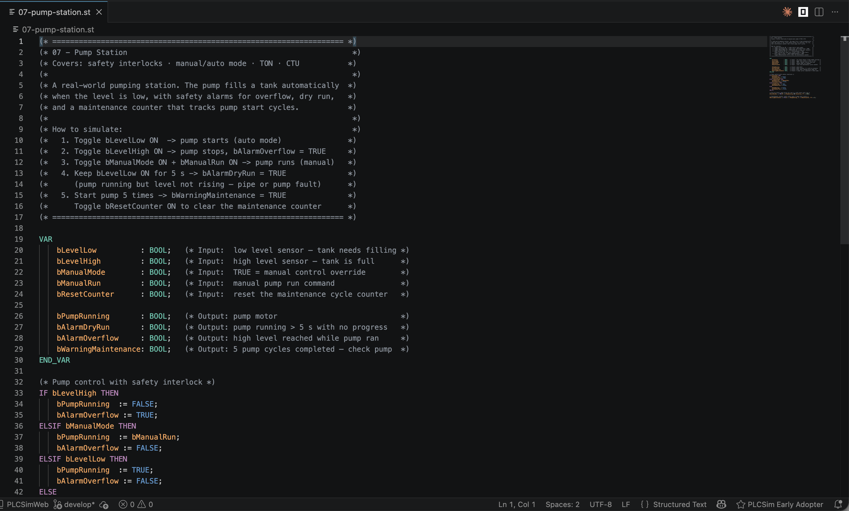 Editor VS Code amb syntax highlighting de codi Structured Text
