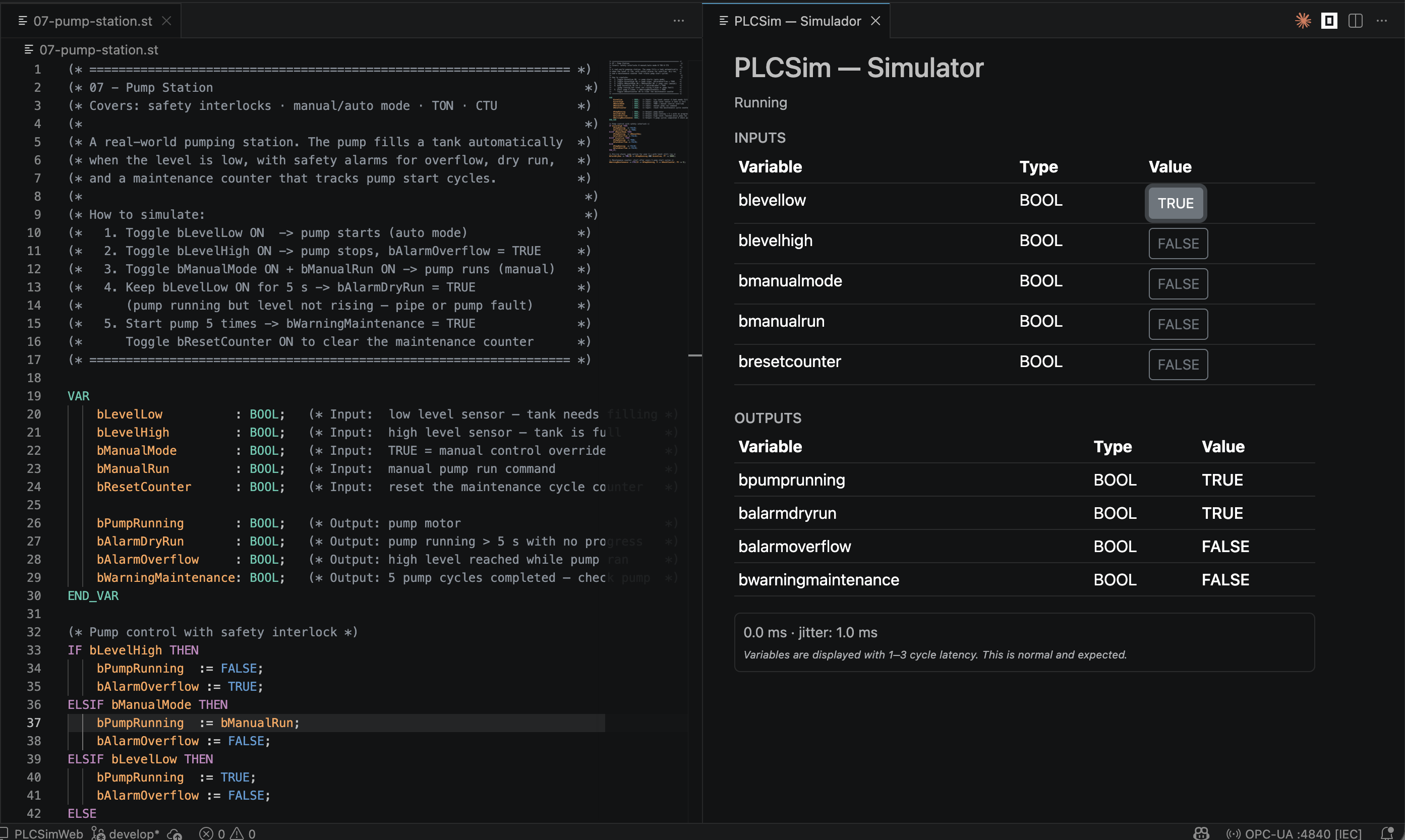 Panell I/O de PLCSim mostrant variables en temps real
